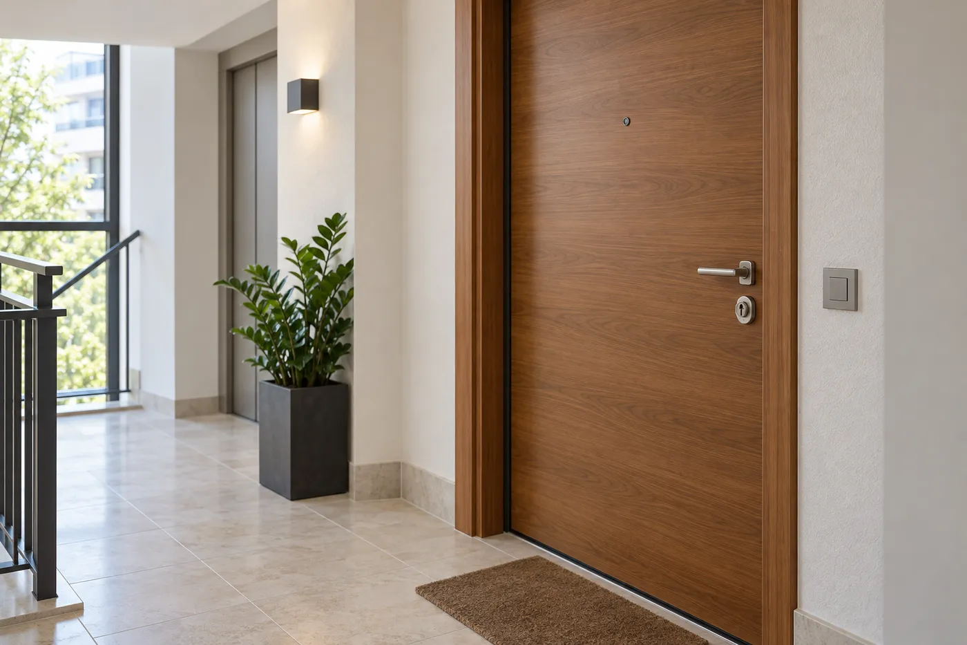 Porte d'appartement blindée avec protège-cylindre sur un palier de résidence à Massy