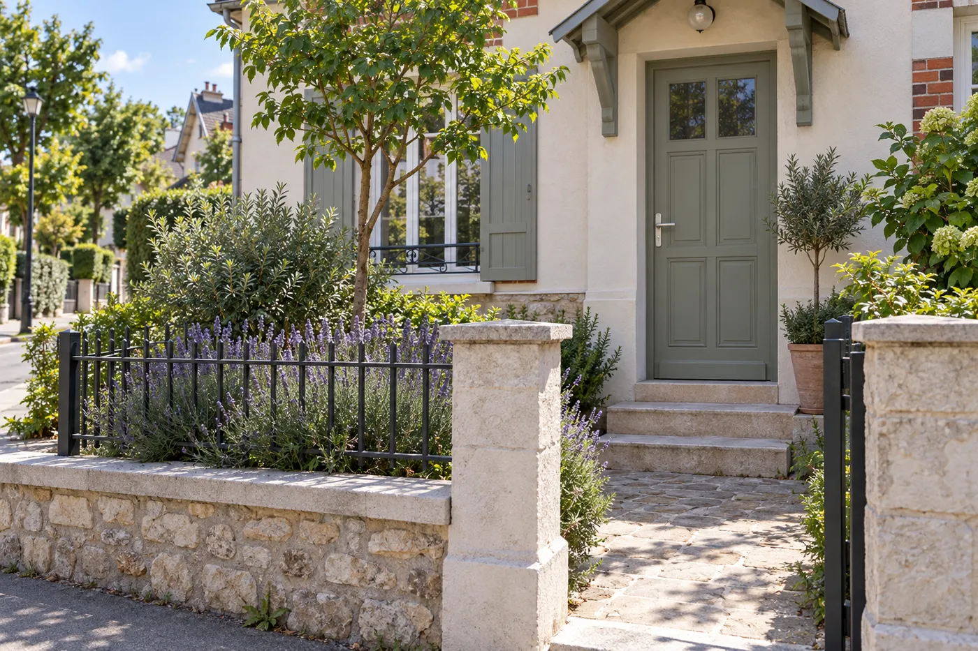 Porte d'entrée de pavillon avec poignée et cylindre neufs dans une rue résidentielle de Massy (91300)