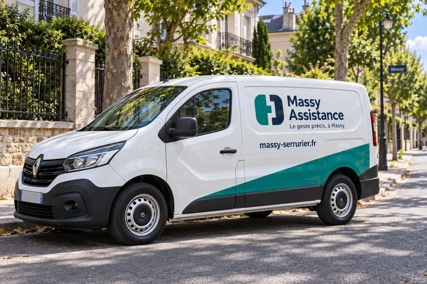 Utilitaire blanc aux couleurs de Massy Assistance garé dans une rue résidentielle bordée d'arbres à Massy